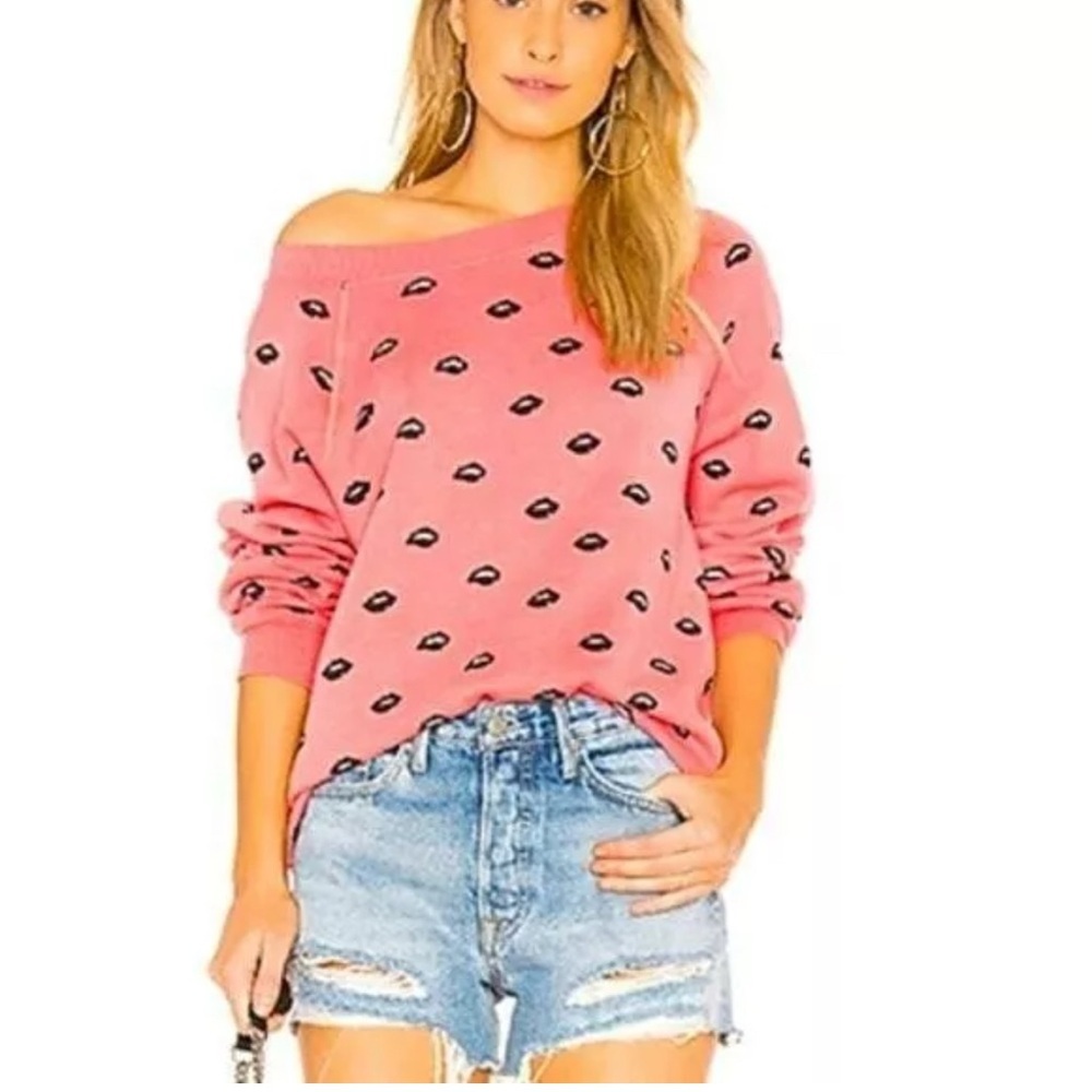 WildFox Lip Service Print Sweater Womens Sz L Hot Lips Oversized Lounge Cozy